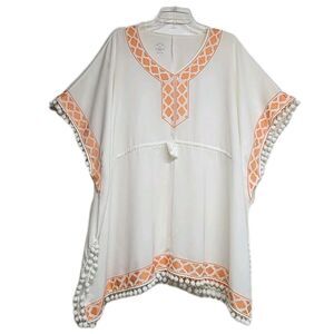 Swimwear Beach Mott50 Cover-up Top UPF 50+ White Orange Pom Poms Trim Tunic S/M